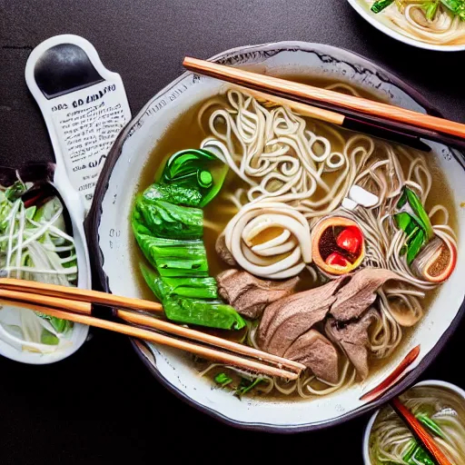 Image similar to flatlay realistic photo of delicious pho, ramen, highly detailed, natural light, 8 k hd, award winning, food photography, 3 5 mm,