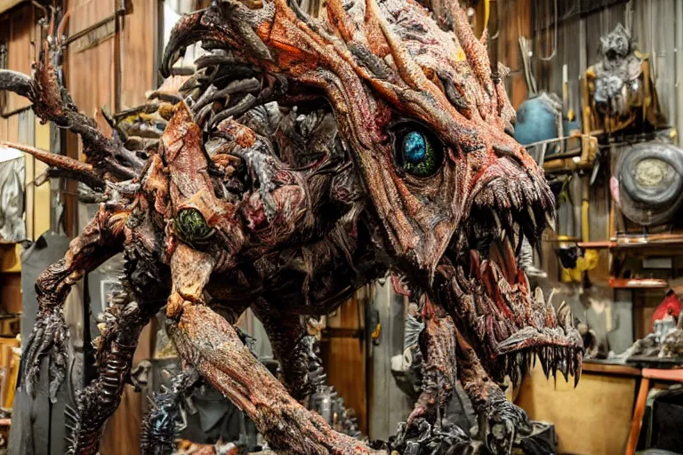 Prompt: photo taken of an epic intricate, ultra detailed, super realistic gritty, hero prop, exquisitely painted animatronic movie prop of a nightmarish hellish creature displayed in the workshop, created by weta workshop, full body shot, photorealistic, sharp focus