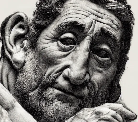 Prompt: a hyper-detailed photograph of Robert DeNiro by Michelangelo in the style of his masterpiece Creation of Man; anatomically correct; trending on artstation