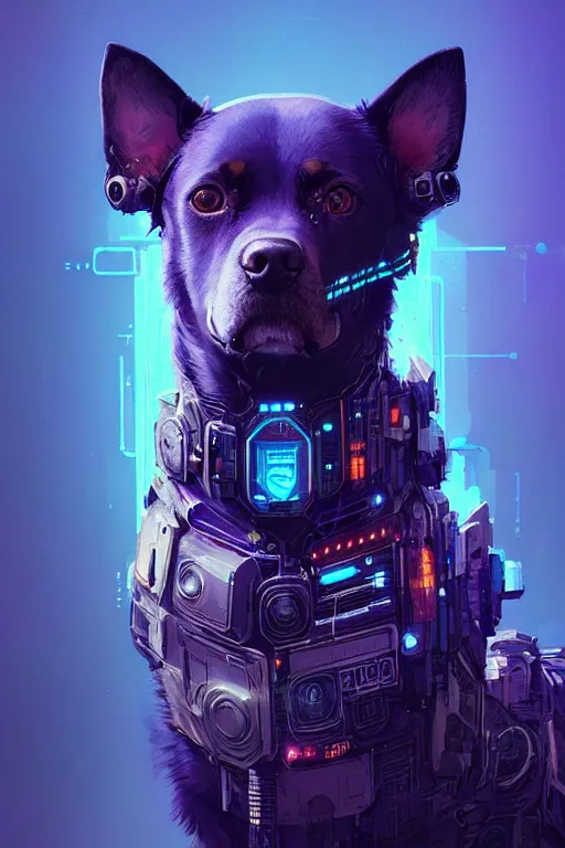 Image similar to a beautiful portrait of a cute cyberpunk dog by greg rutkowski and wlop and sandra chevrier, purple blue color scheme, high key lighting, volumetric light, digital art, highly detailed, fine detail, intricate, ornate, complex, octane render, unreal engine, photorealistic