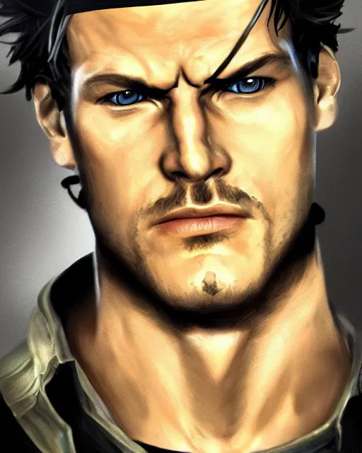 Image similar to solid snake bust portrait, cinematic lighting, backlit face, tired expression, close - up, black atmospheric background, 4 k ultra detailed digital photoshop painting, best of artstation hdr, official artwork hdr