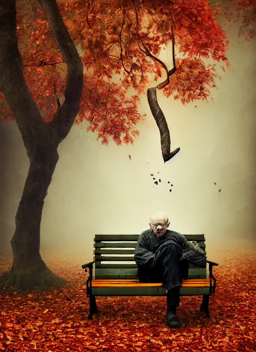 Image similar to man crumbles into leaves. conceptual photography portrait of an old man on a park bench falling apart into leaves, autumn tranquility, forgetfulness, fading to dust and leaves, oblivion, inevitability, aging, surreal portrait, moody, by tom bagshaw, cold, 4 k