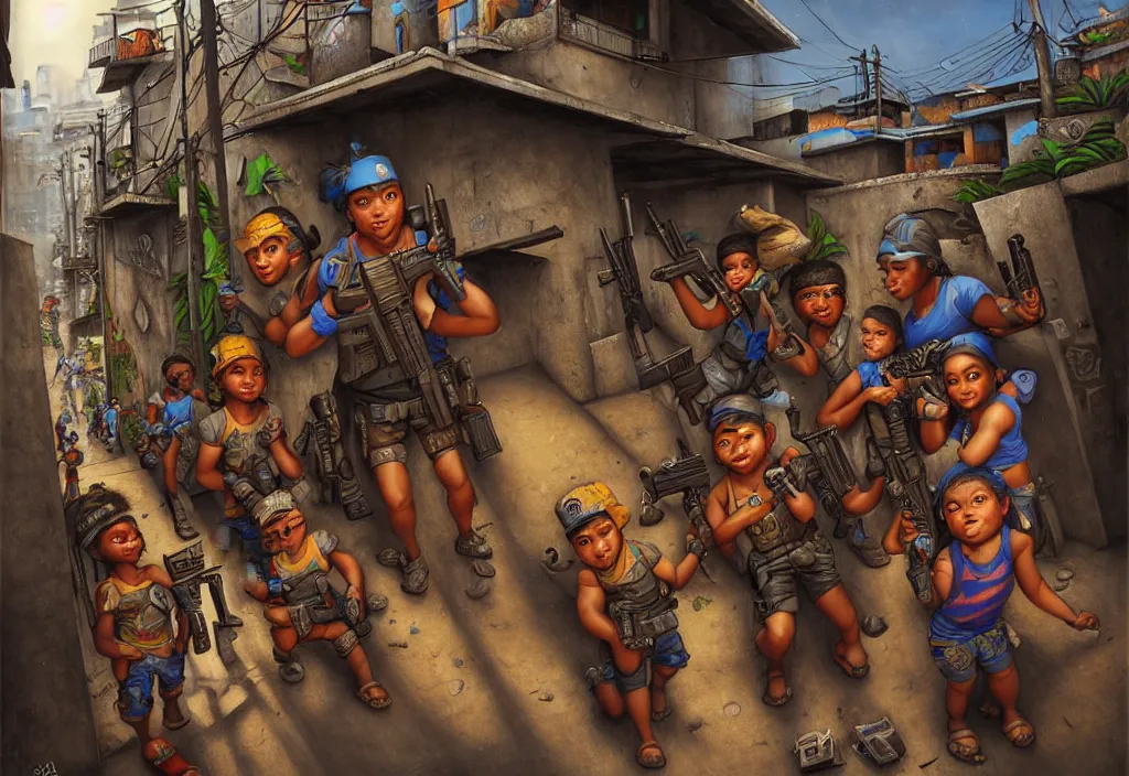 Image similar to photorealistic favela rio with guns and kids in by Justin Gerard