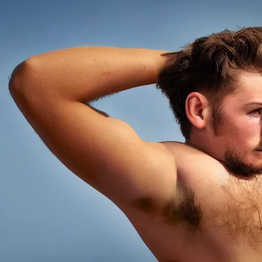 Image similar to high-resolution photograph of a lad showing off his hairy armpits