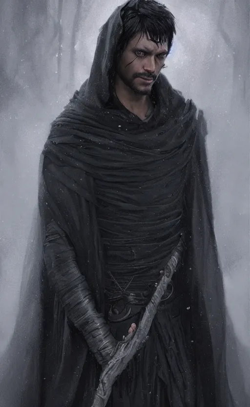 Prompt: Portrait of an man in a black cloak with dark hair, dark skin, male, detailed face, fantasy, highly detailed, cinematic lighting, digital art painting by greg rutkowski