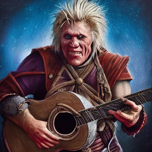 Image similar to detailed photo of a Half-orc bard portrayed by Gary Busey playing a lute, 8k,by Tristan Eaton, Stanley Artgermm, Tom Bagshaw, Greg Rutkowski, Carne Griffiths, trending on DeviantArt, face enhance, hyper detailed ,full of color, dramatic lightning, epic stance