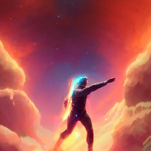 Prompt: digital painting of a man ascending to galactical bliss, stars and nebulas behind, dynamic lighting, cinematic shot, concept art, sci - fi, fantasy, artstation, alphonse mucha, greg rutkowski