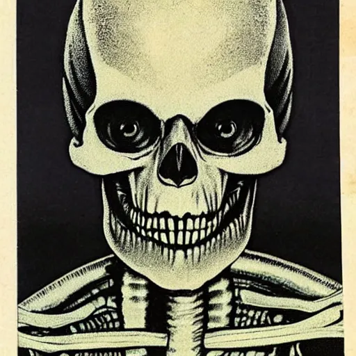 Image similar to alien looking, skull like, big forehead, horrifying, killer, creepy, dead, monster, tall, skinny, open mouth, deathly, old photo, turning yellow