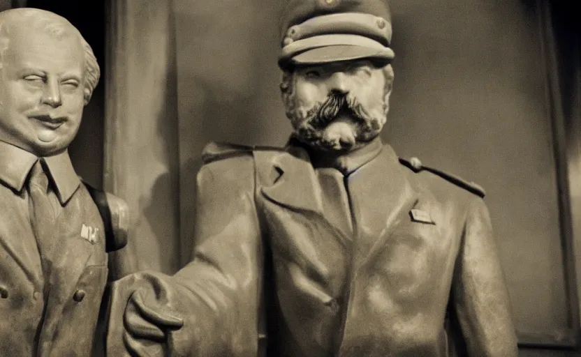 Prompt: 50s movie still close-up portrait of Ron Perlamn in a generals suit with General's cap in a empty stalinist hall with a bust of Marx, by David Bailey, Cinestill 800t 50mm eastmancolor, heavy grainy picture, very detailed, high quality, 4k, HD criterion, precise texture and facial expression