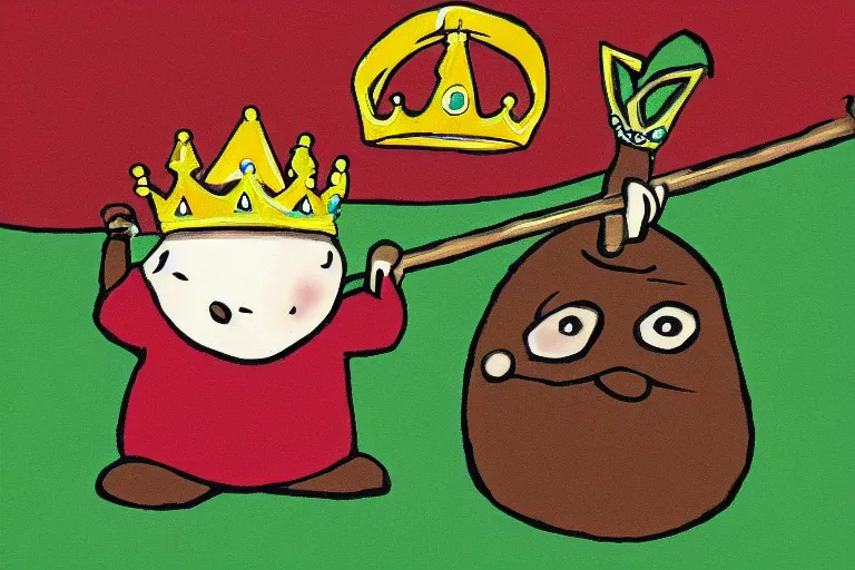 Image similar to cartoon pinto bean holding a staff, wearing kings crown, digital art,