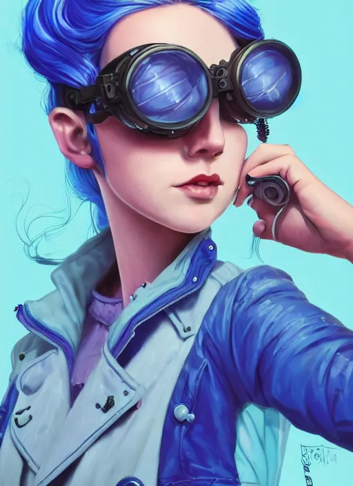 Prompt: painting of a teenage girl with swept back wild blue hair, fashionable, windy, steampunk, reflective goggles, smirking, full body, flat color solid background color, sharp focus, award - winning, cinematic pose, cinematic lighting, trending on artstation, masterpiece, highly detailed, intricate. art by josan gonzales and moebius and deathburger