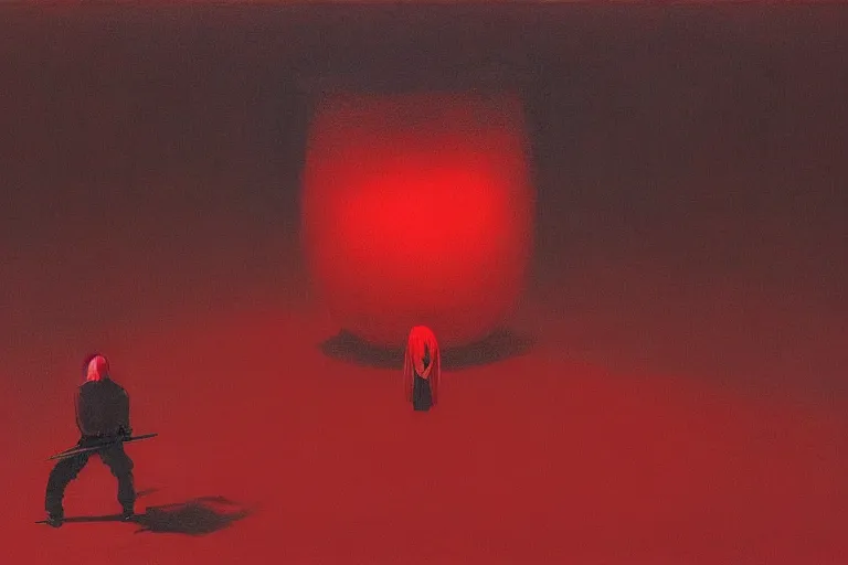 Image similar to only with red, a red samurai harakiri, tokio, a lot of frogs watch, in the style of beksinski, parts by edward hopper, parts by rodcenko, parts by yue minjun, intricate and epic composition, red by caravaggio, insanely quality, highly detailed, masterpiece, red light, artstation, 4 k