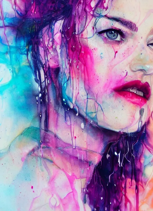 Image similar to yvonne strahovski by agnes cecile pastel light colours ink drips autumn lights