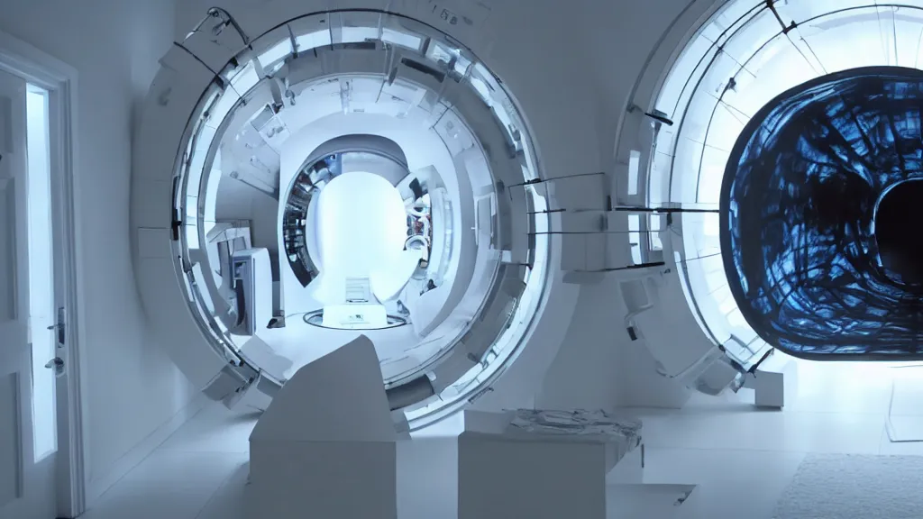 Image similar to an mri image open mri machine portal in the living room, film still from the movie directed by denis villeneuve with art direction by salvador dali, wide lens