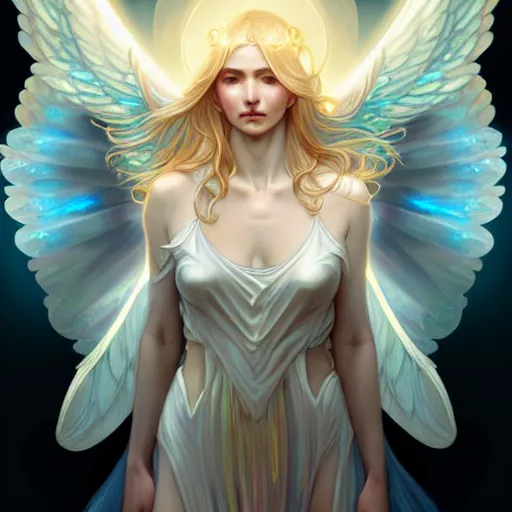 Image similar to Winged girl angel with blonde hair and glowing halo, iridescent, seraphim, fantasy, intricate, elegant, highly detailed, digital painting, artstation, concept art, smooth, sharp focus, illustration, art by Krenz Cushart and Wenqing Yan and Alphonse Mucha