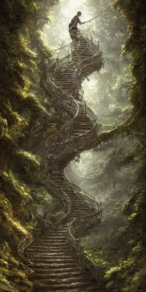 Image similar to a man walking up a steep and winding staircase, in magical woods, intricate, elegant, highly detailed, fantasy digital painting, artstation, concept art, sharp focus, beautiful illustration, by justin gerard and artgerm, 8 k