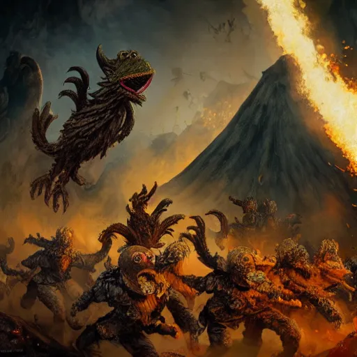 Prompt: an army of muppet demons flying out of a volcano with flag bearers and trumpeters, intricate detail, royo, vallejo, frazetta, giger, whealan, hd, unreal engine,