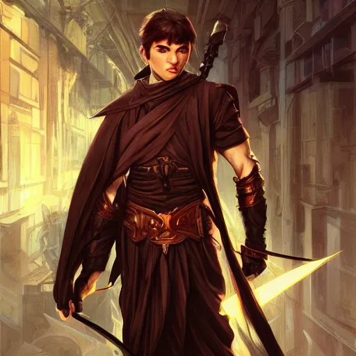 Image similar to character concept, wide angle, full body, symmetrical head - on centralized, young man with dark ninja clothes. detailed, high quality, dynamic lightning, fantasy, scenematic. artwork by artgerm, wlop, alex ross, greg rutknowski, alphonse mucha