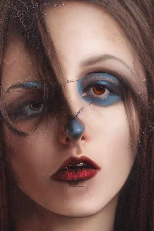 Image similar to hyperrealism oil painting, close - up portrait of european medieval brunette vampire fashion model, knight, steel gradient mixed with nebula sky, in style of baroque