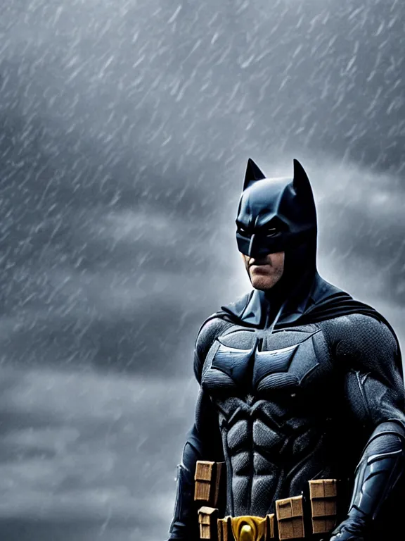 Image similar to film still, ryan reynolds as batman, mask down, hyperrealism, moody lighting, rain, intricate, 8 k