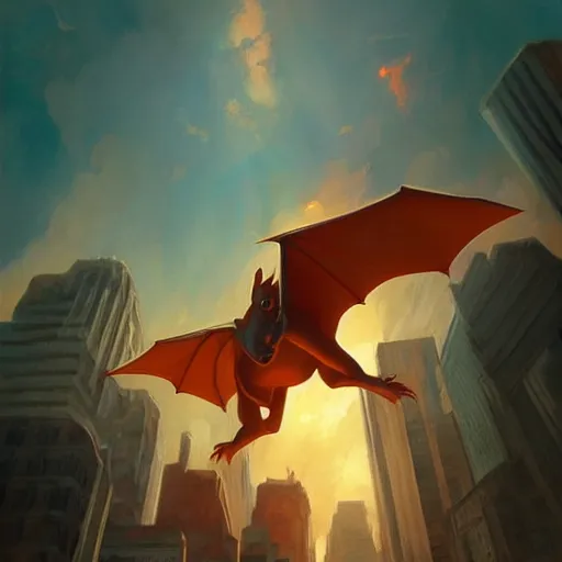 Image similar to charizard flying above new york, beautiful, serene colors, lake background, complimentary contrast, dramatic lighting, masterpiece, high contrast, painted by stanley lau, painted by greg rutkowski, painted by stanley artgerm, digital art, trending on artstation