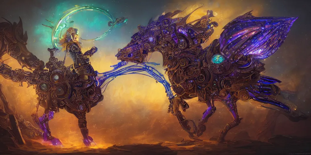 Image similar to cosmic steampunk opal mechanical horse, character design sheet, monster hunter illustrations art book, iridescent, blue flame, neon lights, armored, moebius, greg rutkowski, zabrocki, karlkka, jayison devadas, phuoc quan, trending on artstation, 8 k, ultra wide angle, zenith view, pincushion lens effect.