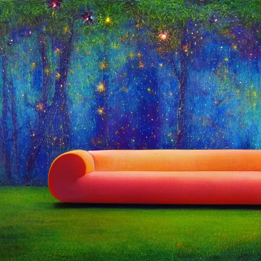 Image similar to psychedelic couch sofa in the lush forest, milky way, designed by arnold bocklin, jules bastien - lepage, tarsila do amaral, wayne barlowe and gustave baumann, cheval michael, trending on artstation, mediterranean, star, sharp focus, colorful refracted sparkles and lines, soft light, 8 k 4 k