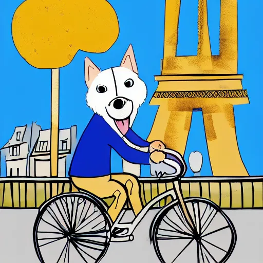 Image similar to illustration of a dog riding a bike in paris in the style of children's book