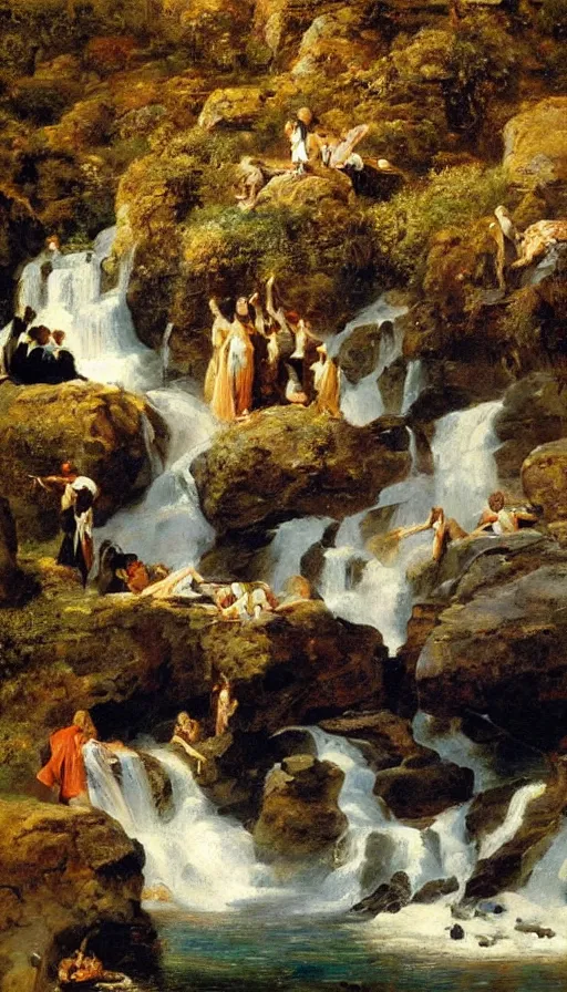 Prompt: still life painting of party on edge of waterfall, by Peder Krøyer, golden hour, dramatic lighting, epic, gargantuan, intricate detail, canvas print