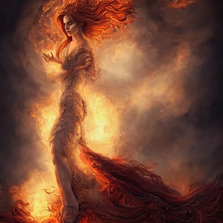 Image similar to Majestic painting of a beautiful young female fire goddess!!, intricate, epic, elegant, menacing, fantasy, highly detailed, digital painting, hard focus, beautiful volumetric lighting, epic light, ultra detailed, souls, smoke, by Leesha Hannigan, Ross Tran, Thierry Doizon, Kai Carpenter, Ignacio Fernández Ríos