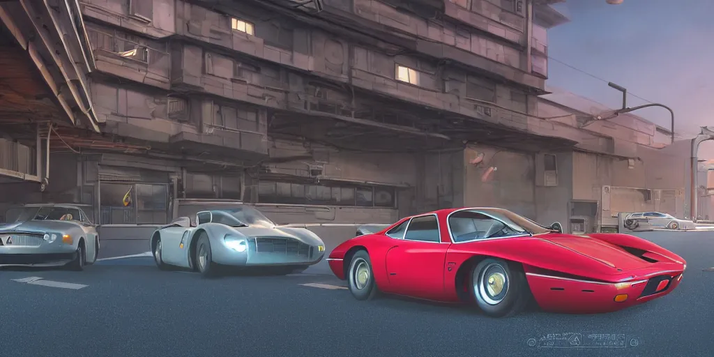 Prompt: a wholesome animation key shot of a focused old ferrari car parked in an multi-storey car park, medium shot, waist up, studio Ghibli, Pixar and Disney animation, sharp, very detailed, high resolution, Rendered in Unreal Engine 5, anime key art by Greg Rutkowski, Bloom, dramatic lighting