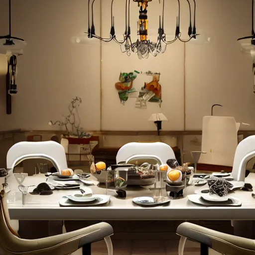 Prompt: three large white glossy kuka industrial robot having a dinner party inside a fancy dining room around a dinner table full of food with retro modern furniture and decor, global illumination, artstation, fantasy, volumetric light