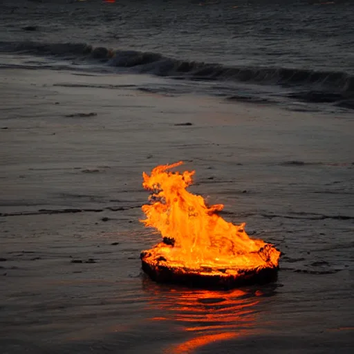 Prompt: fire, shore, water, des mo nevde 5 5 mm