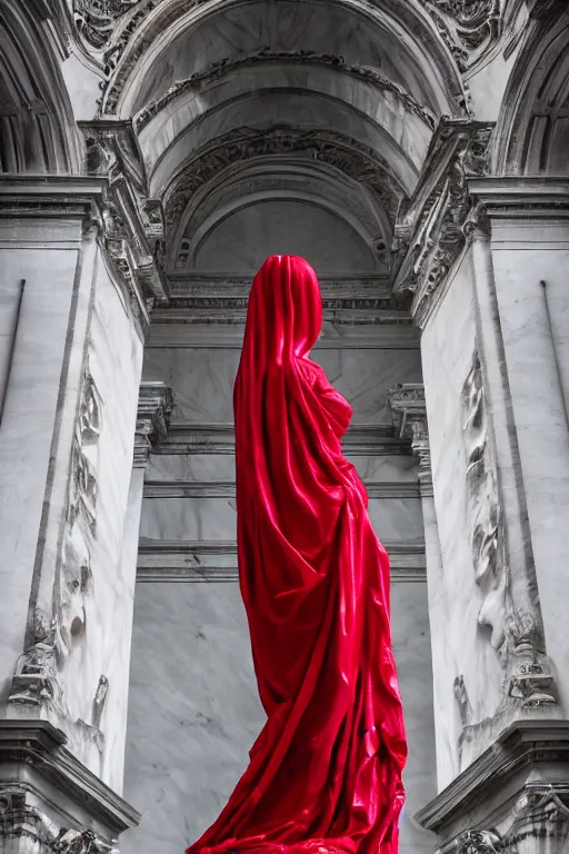 Image similar to the unknown maiden partially covered by a red silk wrapped veil, statue made with embossed polished black marble, sculpted by hedi xandt and bernini, epic and cinematic view, volummetric light, intricate, detailed, 8 k