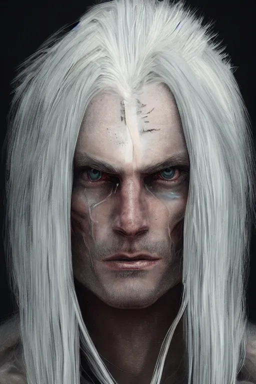 Prompt: a portrait of a toned male half human half mechanical with long white hair and with joints with visible joints by greg rutkowski, sung choi, mitchell mohrhauser, maciej kuciara, johnson ting, maxim verehin, peter konig, bloodborne, 8 k photorealistic, cinematic lighting, hd, high details, dramatic, dark atmosphere, trending on artstation