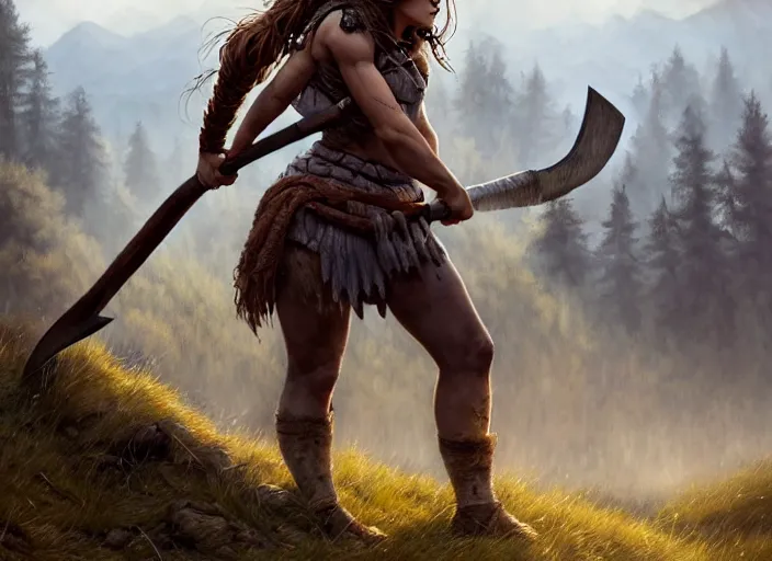 Image similar to a warrior, female, she carries an axe, the axe is resting on her shoulder, she is grabbing a nearby tree, looking onto the horizon, a big wolf is next to her, fall, mountain landscape, portrait by magali villeneuve and ames jean and artgerm and greg rutkowski, 4 k, artstation, realistic, cinematic composition, d & d