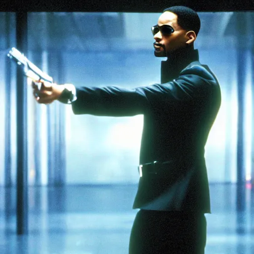 Image similar to movie still of will smith as neo in the matrix