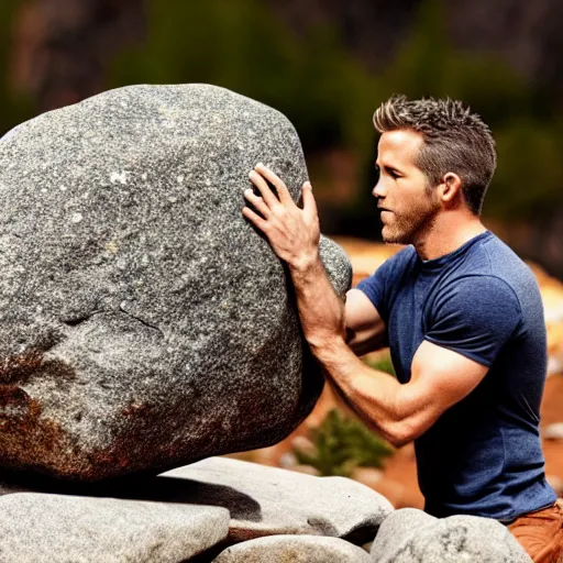 Prompt: photo of ryan reynolds eating a boulder, highly detailed, extremely high quality, hd, 4 k, 8 k, professional photographer, 4 0 mp, lifelike, top - rated, award winning, realistic, detailed lighting, detailed shadows, sharp, no blur, edited, corrected, trending