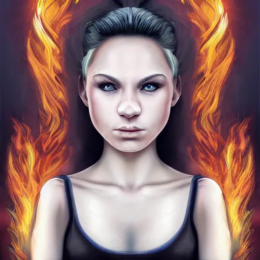Prompt: young blond woman, controlling flames in her hands, very detailed, realistic, symmetrical face, sexy, art by digital painting,