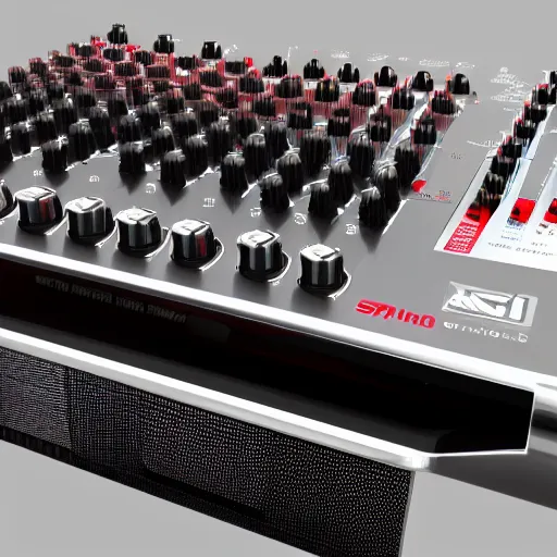 Image similar to sp - 4 0 4 audio mixer made of chrome with crimson - black anodized - metal highlights, rendered in blender, 8 k, award winning product advertising still