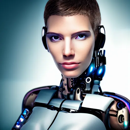 Prompt: portrait photo of a beautiful female cyborg. from the future.