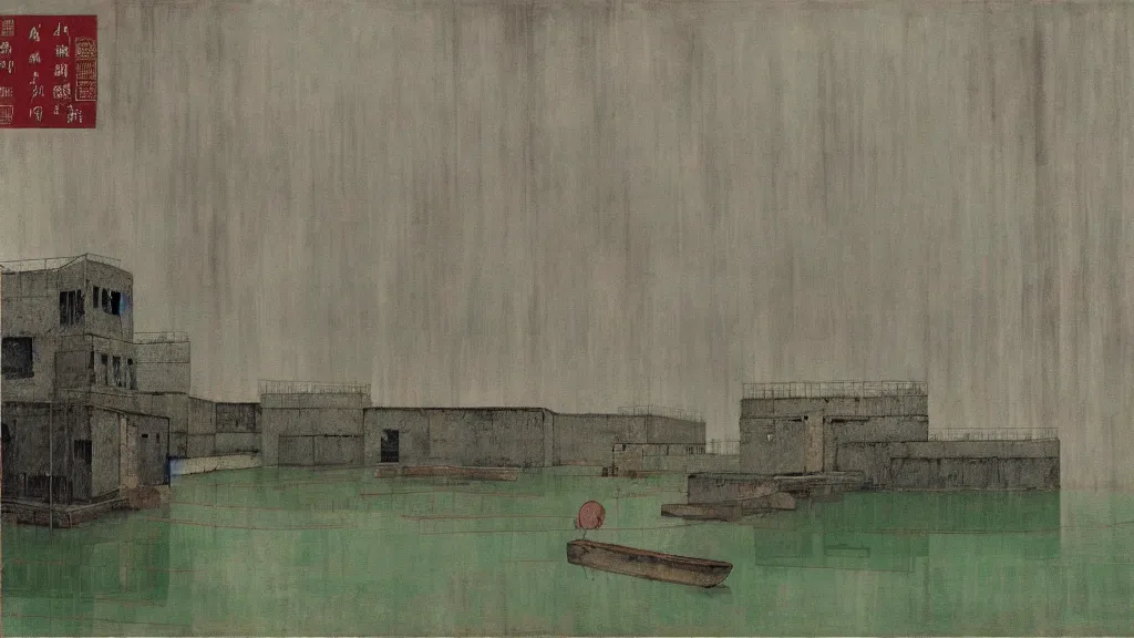 Image similar to a chinese prison near a river by peter doig, muted colors