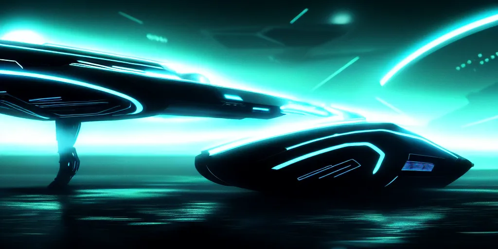 Image similar to a beautiful spaceship in the style of tron legacy, concept art, ominous, darksynth, illuminated lines, outrun, vaporware, misty, dark background, muted colors, by ridley scott and denis villeneuve, dramatic lighting, 8 k