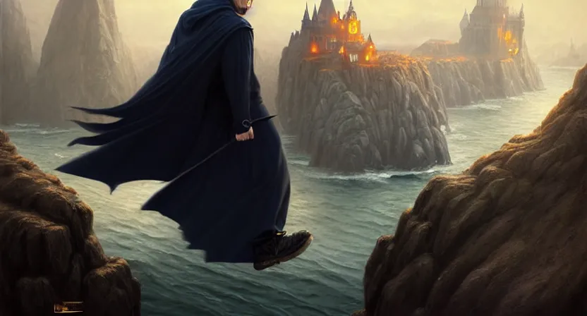 Prompt: handsome mage running away from giant airship, black hair wearing square hooded gothic navy cloak with gold details, cliffside town, movie action still frame, ultra wide horizon, intricate, elegant, highly detailed, hyperrealism, digital painting, concept art, smooth, sharp, focus, illustration, art by artgerm, greg rutkowski, ilya kuvshinov