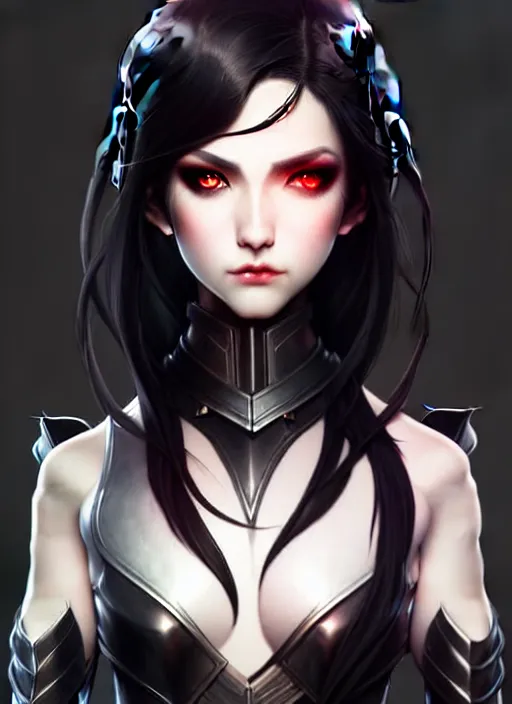 Image similar to full plate armor!!! beautiful and elegant dark hair female vampire!! gorgeous ayes!! character concept art, sharp focus, octane render! unreal engine 5! highly rendered!! trending on artstation!! detailed linework!! illustration by artgerm, wlop, and chie yoshii