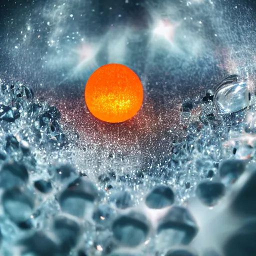 Image similar to an orange glowing crystal orb, with 4 red stars embedded inside of it, lay at the bottom of an ocean, close up, beautiful lighting, ultra detailed, professional photography, award winning photography.