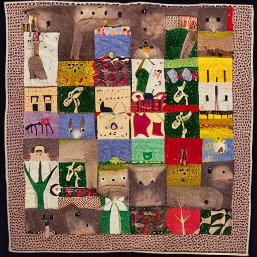 Prompt: folk art quilt with a rodent theme, museum of modern art, new york