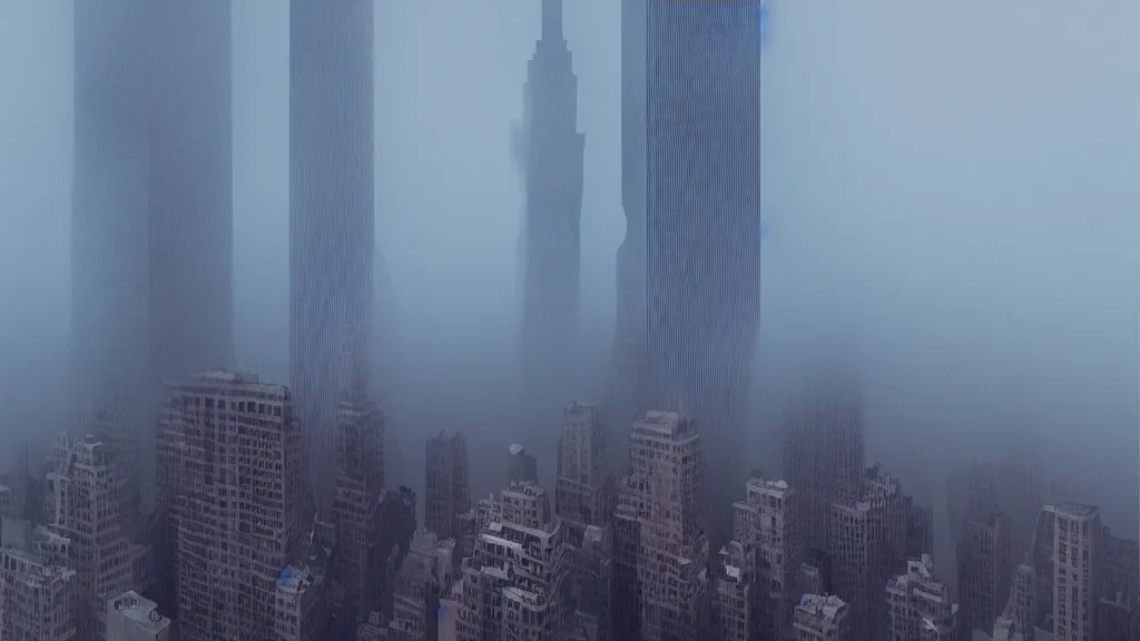 Image similar to Hulk sized Obama towers over a foggy Manhattan; by Beeple; 4K