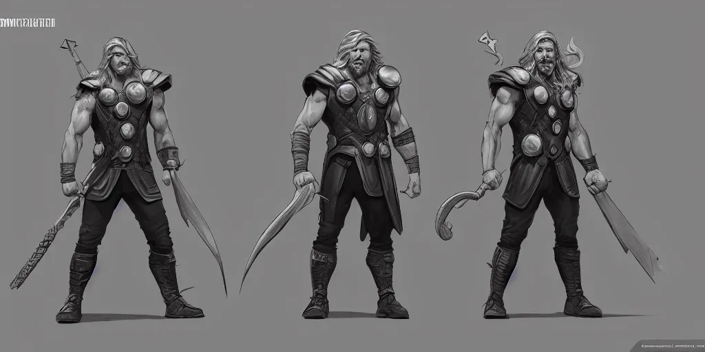 Image similar to cartoonish thor paying the rent, character sheet, fine details, concept design, contrast, kim jung gi, greg rutkowski, trending on artstation, 8 k, full body, turnaround, front view, back view, ultra wide angle