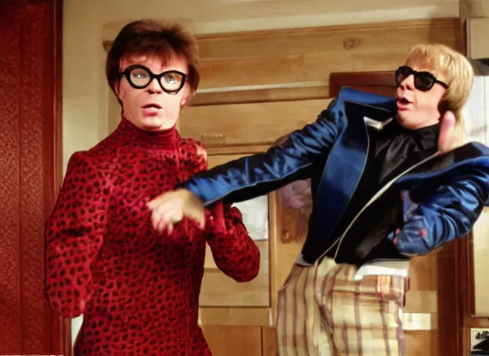 Image similar to austin powers stealing stable diffuion prompts from alotta fagina's apartment